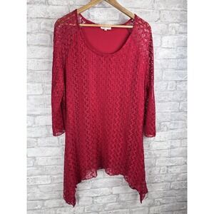 Indigo Soul‎ Tunic Top Lace Crochet Overlay Lined Asymmetrical Hem Red Size 2X